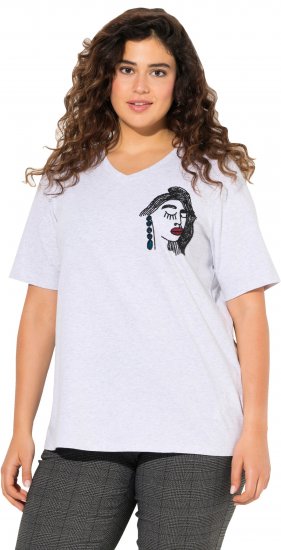 Ulla Popken Embroidered Face Motif Short Sleeve V-Neck Tee Light Grey Melange - Painetut T-paidat naisille - 
