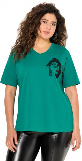 Ulla Popken Embroidered Face Motif Short Sleeve V-Neck Tee Emerald Green - Painetut T-paidat naisille - 