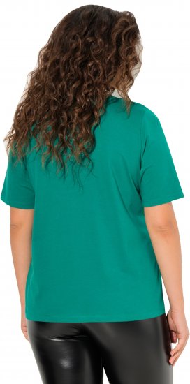 Ulla Popken Embroidered Face Motif Short Sleeve V-Neck Tee Emerald Green - Painetut T-paidat naisille - 