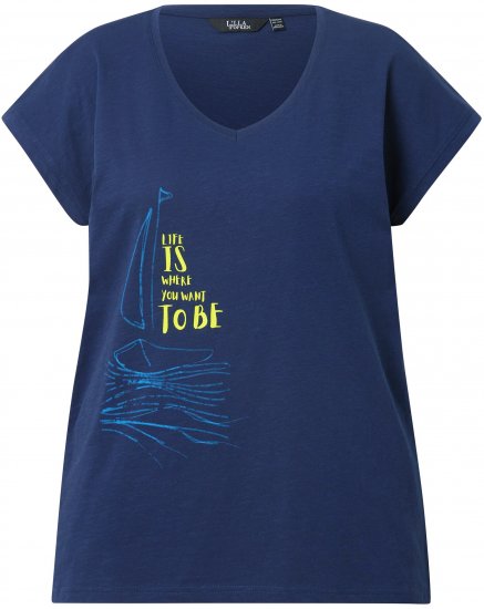 Ulla Popken Half-Sleeve A-line V-Neck Boat Pattern T-Shirt Ink Blue - Painetut T-paidat naisille - 