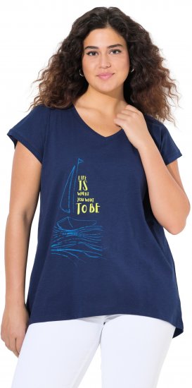 Ulla Popken Half-Sleeve A-line V-Neck Boat Pattern T-Shirt Ink Blue - Painetut T-paidat naisille - 