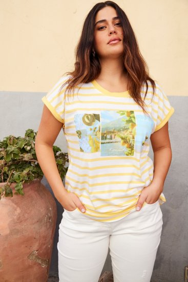 Ulla Popken Striped Short Sleeve Citrus Graphic Tee Sun Yellow - Painetut T-paidat naisille - 
