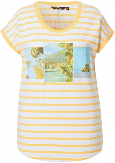 Ulla Popken Striped Short Sleeve Citrus Graphic Tee Sun Yellow - Painetut T-paidat naisille - 
