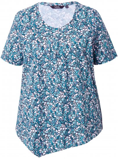Ulla Popken Floral Pointed Hem Short Sleeve Tee Deep Aqua - Painetut T-paidat naisille - 