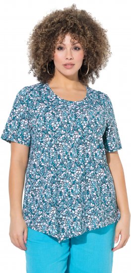 Ulla Popken Floral Pointed Hem Short Sleeve Tee Deep Aqua - Painetut T-paidat naisille - 