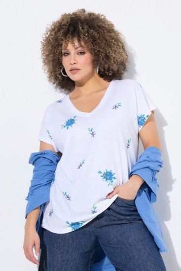 Ulla Popken Cross Stitch Short Sleeve Tee Snow White - Painetut T-paidat naisille - Printti-t-paidat naisille