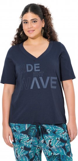 Ulla Popken Ride The Wave Short Sleeve V-Neck Graphic Tee Navy Blue - Painetut T-paidat naisille - 