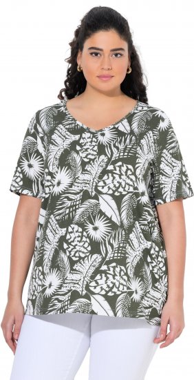 Ulla Popken Feather Print Short Sleeve V-Neck Tee Olive Grey - Painetut T-paidat naisille - 