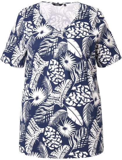 Ulla Popken Feather Print Short Sleeve V-Neck Tee Ink Blue - Painetut T-paidat naisille - 