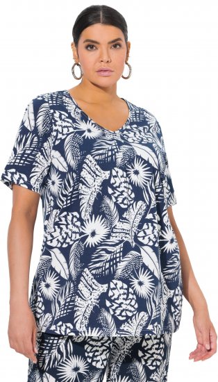 Ulla Popken Feather Print Short Sleeve V-Neck Tee Ink Blue - Painetut T-paidat naisille - 