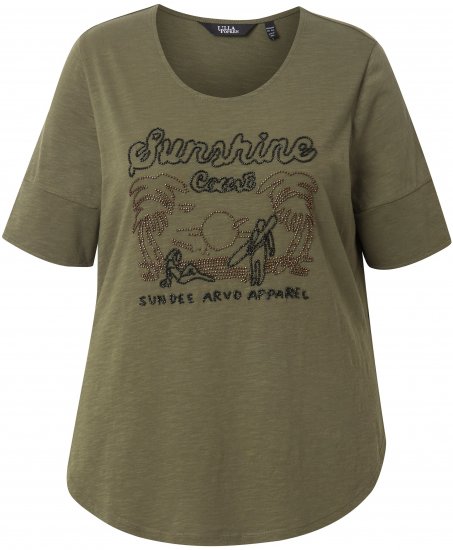 Ulla Popken Beaded Short Sleeve Graphic Tee Olive - Painetut T-paidat naisille - 