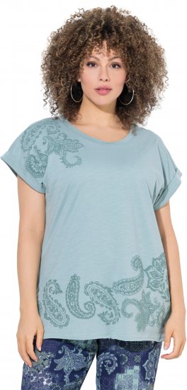 Ulla Popken Textured Paisley Motif Cap Sleeve Tee Light Moss Green - Painetut T-paidat naisille - 