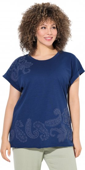Ulla Popken Textured Paisley Motif Cap Sleeve Tee Navy - Painetut T-paidat naisille - 