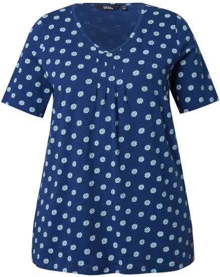Ulla Popken Tile Print Short Sleeve Pleated Tee Dark Blue - Painetut T-paidat naisille - 