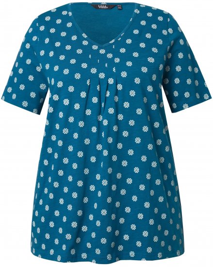 Ulla Popken Tile Print Short Sleeve Pleated Tee Teal - Painetut T-paidat naisille - 