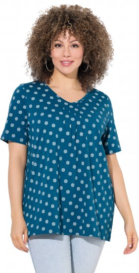 Ulla Popken Tile Print Short Sleeve Pleated Tee Teal - Painetut T-paidat naisille - 