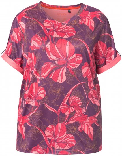 Ulla Popken Quick Drying Flower Print Short Sleeve Tee Dark Cherry - Painetut T-paidat naisille - 