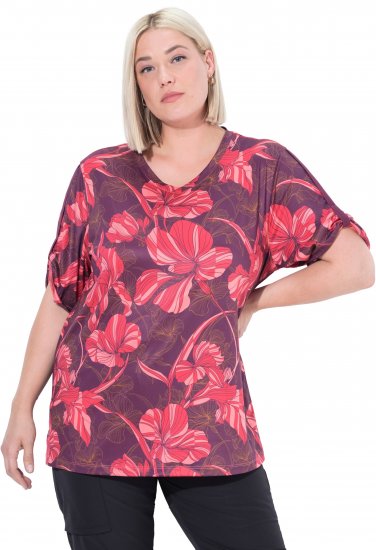 Ulla Popken Quick Drying Flower Print Short Sleeve Tee Dark Cherry - Painetut T-paidat naisille - 