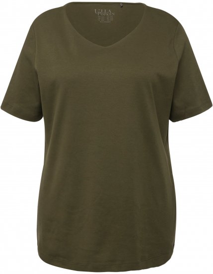 Ulla Popken Double Layer Rounded V-Neck Slim Fit Tee Forest Green - T-paidat - 