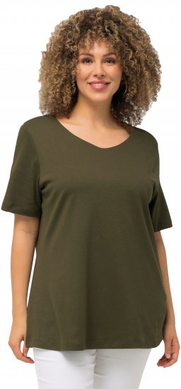 Ulla Popken Double Layer Rounded V-Neck Slim Fit Tee Forest Green - T-paidat - 
