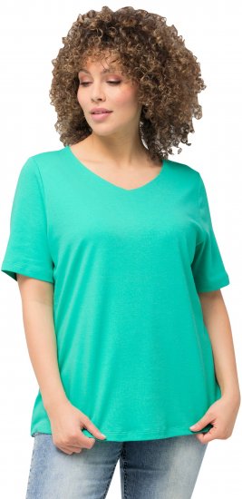 Ulla Popken Double Layer Rounded V-Neck Slim Fit Tee Turquioise Green - T-paidat - 
