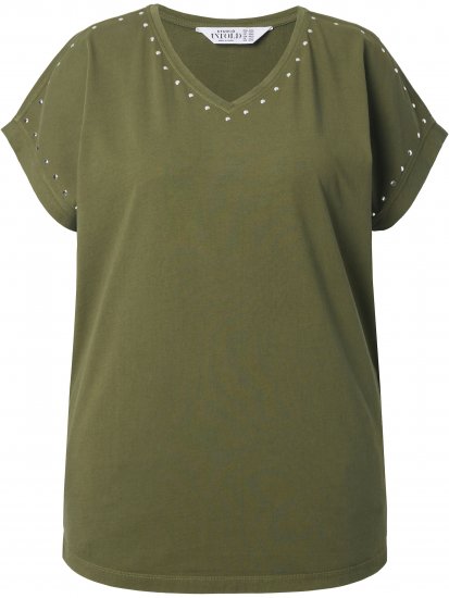 Ulla Popken Oversized studded Acid-washed V-Neck T-shirt Palm Green - T-paidat - 