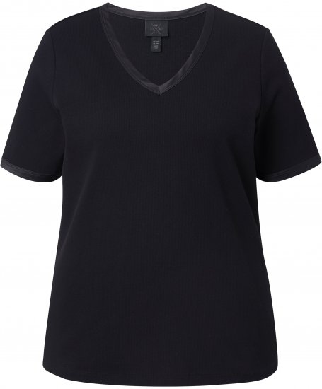 Ulla Popken Satin Trimmed Ribbed Jersey Short Sleeve T-Shirt Black - T-paidat - 