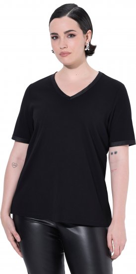 Ulla Popken Satin Trimmed Ribbed Jersey Short Sleeve T-Shirt Black - T-paidat - 