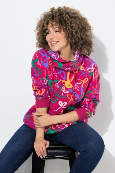 Ulla Popken Ribbon Print Turtleneck Sweatshirt Cherry Red - Naisten hupparit ja collegepaidat isot koot - Mukavat collegepaidat, huput ja neuleet