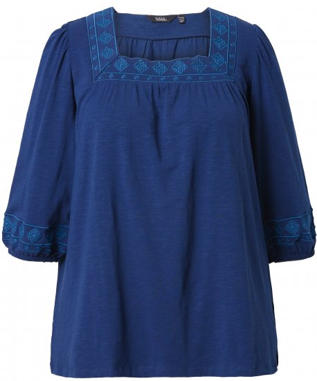 Ulla Popken Embroidered Detail 3/4 Sleeve Tee Dark Blue - Painetut T-paidat naisille - 