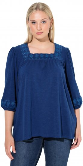 Ulla Popken Embroidered Detail 3/4 Sleeve Tee Dark Blue - Painetut T-paidat naisille - 