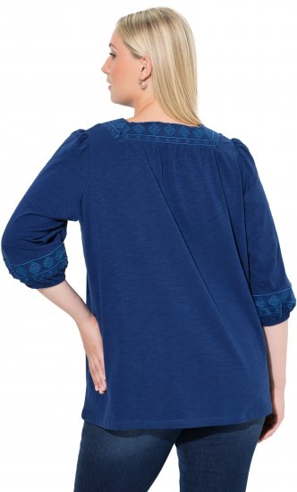Ulla Popken Embroidered Detail 3/4 Sleeve Tee Dark Blue - Painetut T-paidat naisille - 