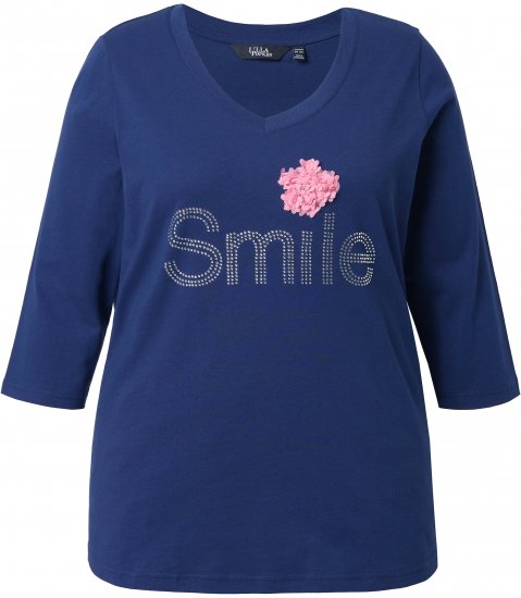 Ulla Popken Smile Rhinestone 3/4 Sleeve Graphic Tee Ink Blue - Painetut T-paidat naisille - 