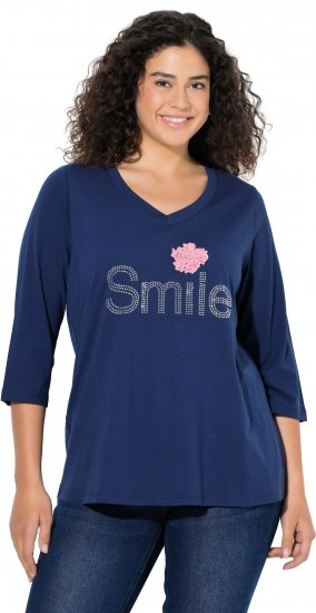 Ulla Popken Smile Rhinestone 3/4 Sleeve Graphic Tee Ink Blue - Painetut T-paidat naisille - 