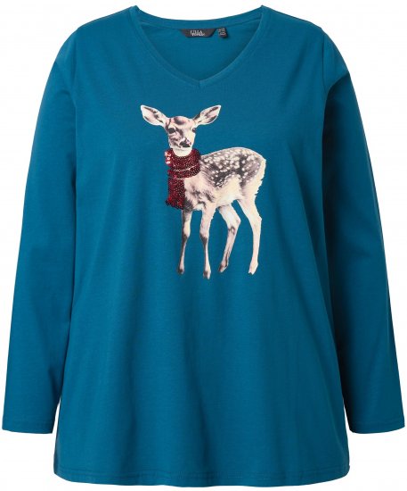 Ulla Popken Fawn Long Sleeve Graphic Tee Teal - Painetut T-paidat naisille - 