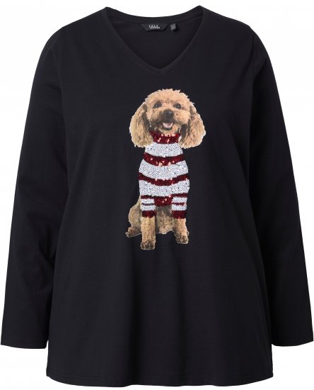 Ulla Popken Sequined Puppy Long Sleeve Graphic Tee Black - Painetut T-paidat naisille - 
