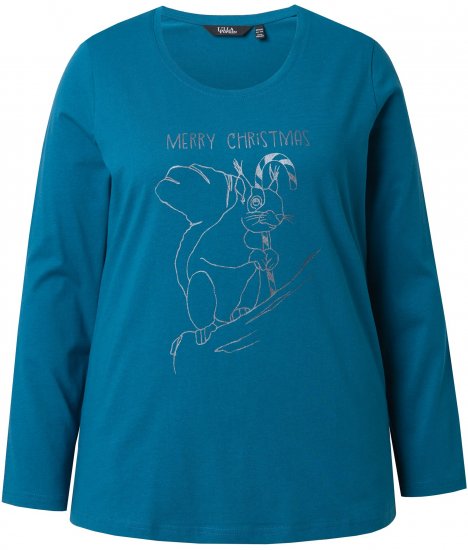 Ulla Popken Holiday Long Sleeve Graphic Tee Teal - Painetut T-paidat naisille - 