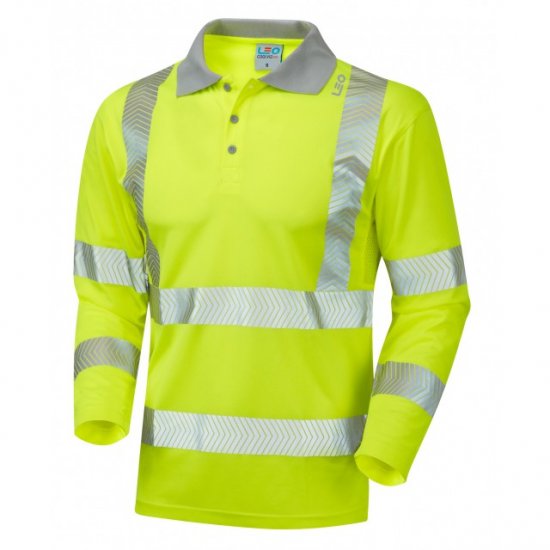 Leo Barricane Ecoviz Performance+ Sleeved Polo Shirt Hi-Vis Yellow - Työvaatteet - Miesten Työvaatteet Isot Koot - 2XL-10XL