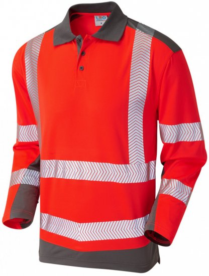 Leo Wringcliff Coolviz Plus L/S Polo Hi-Vis Red/Grey - Työvaatteet - Miesten Työvaatteet Isot Koot - 2XL-10XL