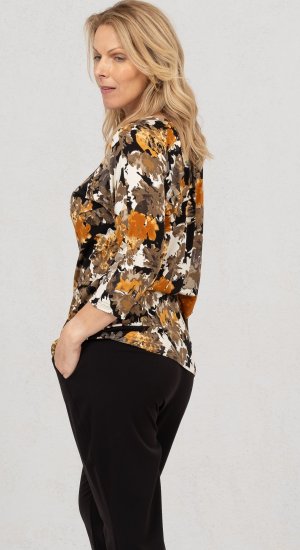 Scandinavian Caramel Flowers Blouse Orange and Brown - Painetut T-paidat naisille - 
