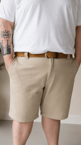 Kam Jeans 3402 Belted Dobby Weave Stretch Chino Shorts Beige - Shortsit - Shortsit, isot koot – W40-W60